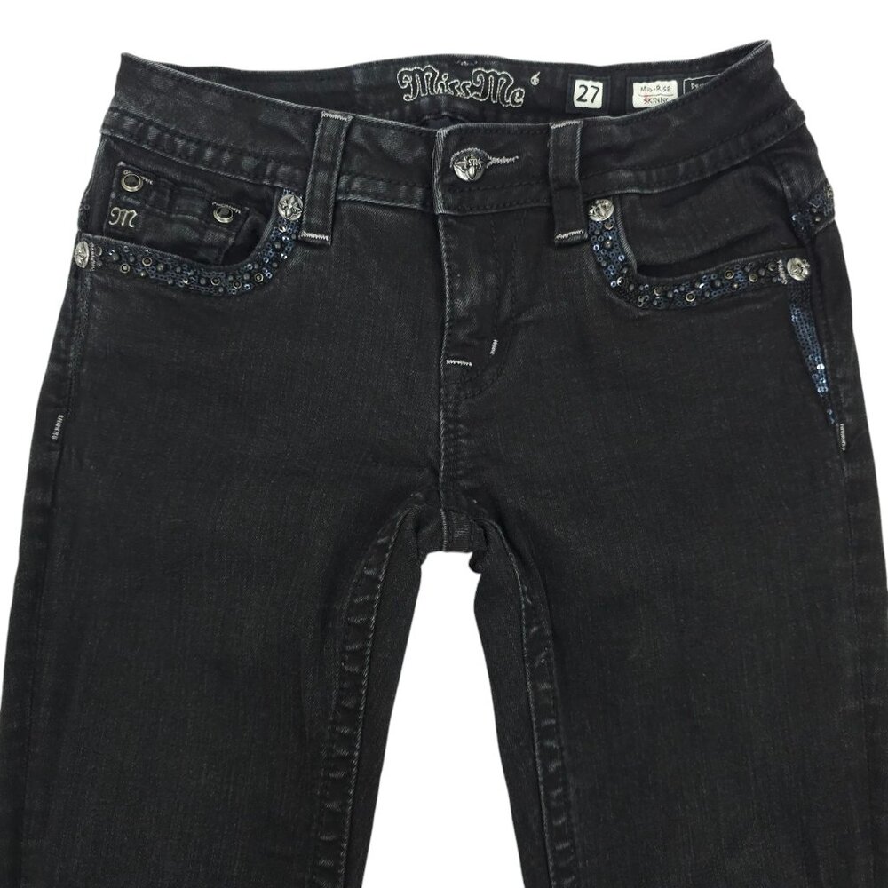 Miss Me Jeans Mid Rise Skinny Black Size 27 Stretch Studs Rhinestones Sequins - Picture 4 of 16